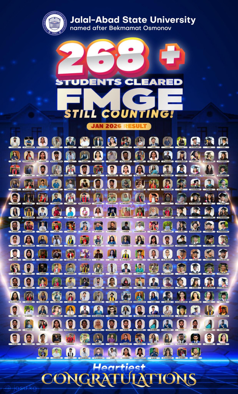 ЖАМУнун медициналык институтунун 268ден ашык студенти FMGE сынагынан жогорку балл менен өттү. 